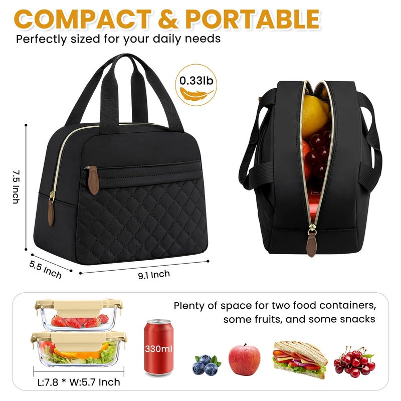 ELONGRIVER Insulated Lunch Bag for Women, Portable Lightweight Lunch Box for Adults, Reusable Small Lunch Tote Cooler Bags with Front Zipper Pocket for Work School Picnic(Black) - Image 2