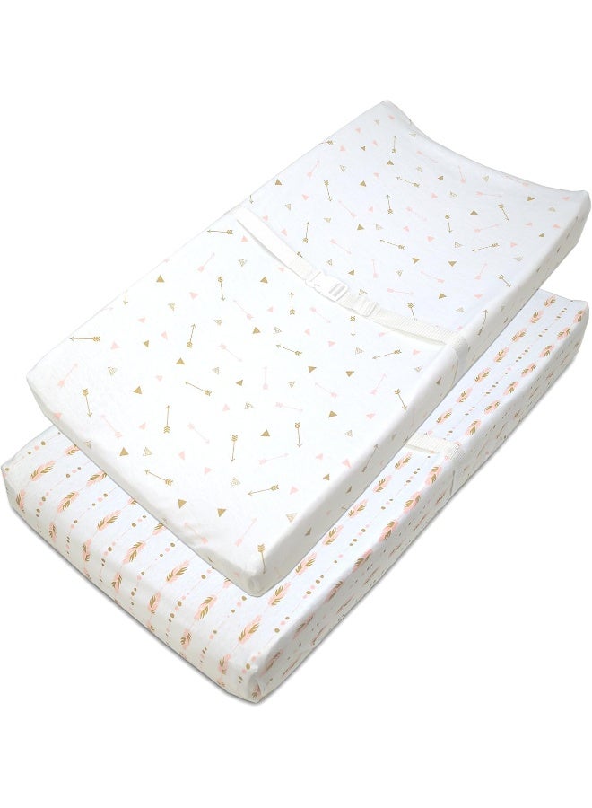American Baby Company 2 Pack Printed 100% Cotton Knit Fitted Contoured Changing Table Pad Cover - Compatible with Mika Micky Bassinet, Sparkle Gold/Pink Feathers/Arrows, for Boys and Girls - Image 1