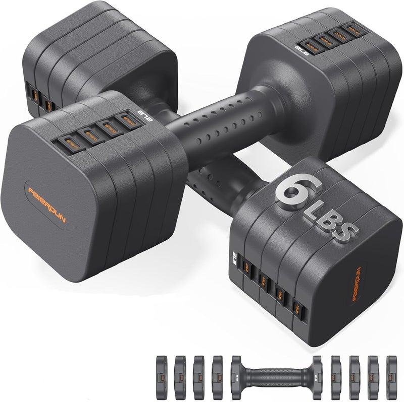 FEIERDUN 5-in-1 Adjustable Dumbbell Set of 2, 12LBS/6LBS Hand Weights for Women, 1s-Adjust Dual-Stable Dumbbell Set for Women Home Gym & Outdoor, Gray - Image 1