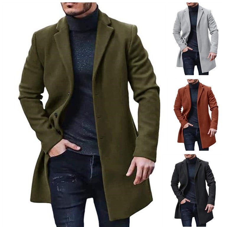 2023 New Woolen Overcoat Men'S Woolen Mid-Length Trench Coat Stand Alone