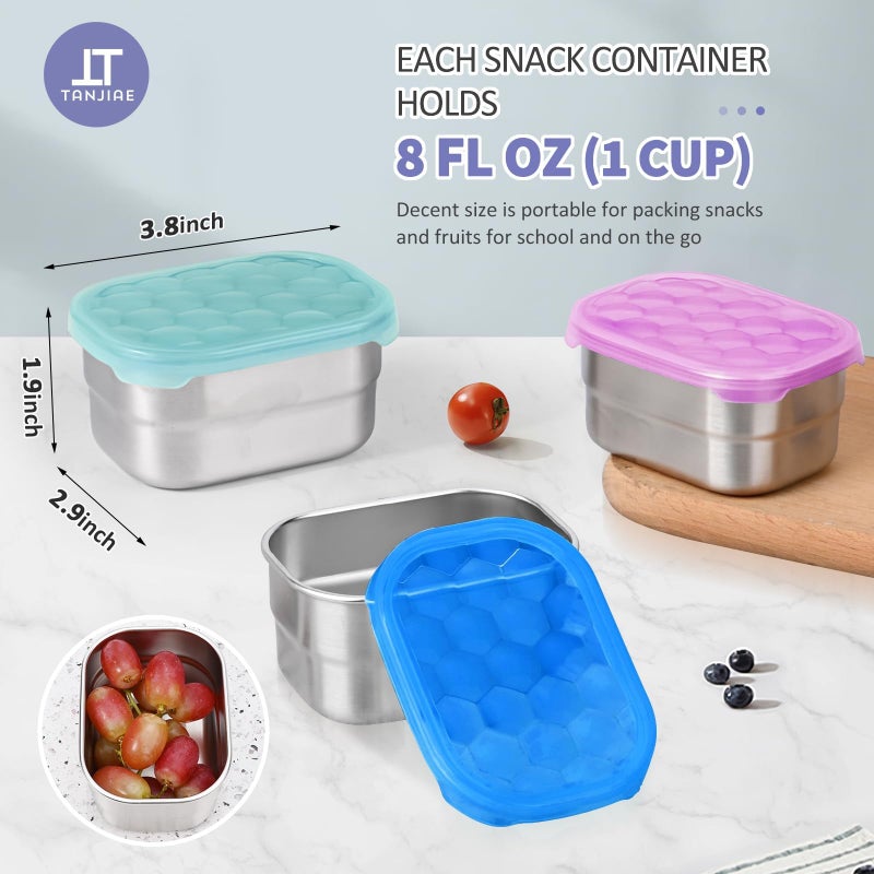 Tanjiae Snack Pro - Small (1 CUP) Stainless Steel Snack Containers for Kids | Easy Open Leak Proof Food Containers with Silicone Lids - Perfect Metal Toddler Lunch Box for Daycare and School (8oz*3) - Image 4