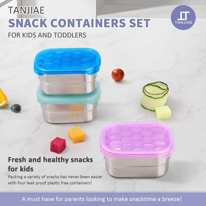 Tanjiae Snack Pro - Small (1 CUP) Stainless Steel Snack Containers for Kids | Easy Open Leak Proof Food Containers with Silicone Lids - Perfect Metal Toddler Lunch Box for Daycare and School (8oz*3) - Image 3