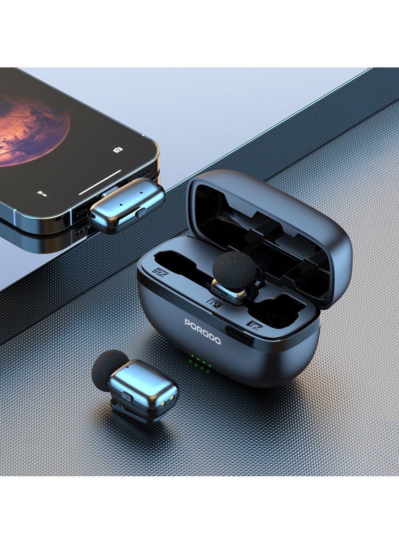 porodo Double Wireless Lavalier Microphones with Lightning Connector and Noise Reduction / Plug & Play / 25H Working Time / Low-Latency - Black - Image 3