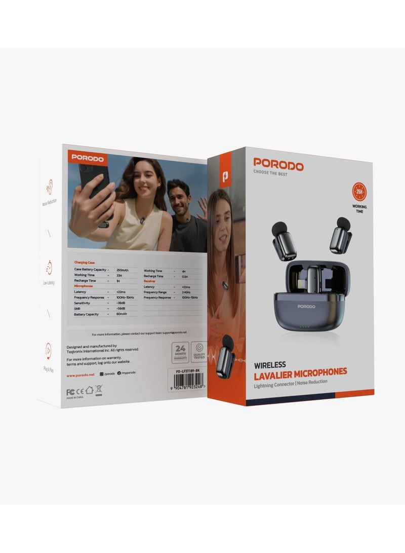 porodo Double Wireless Lavalier Microphones with Lightning Connector and Noise Reduction / Plug & Play / 25H Working Time / Low-Latency - Black - Image 5