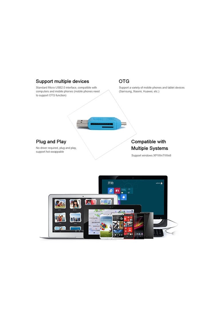 Micro USB 2-in-1 OTG Card Reader in Blue – the essential solution for connecting your devices effortlessly. - Image 2