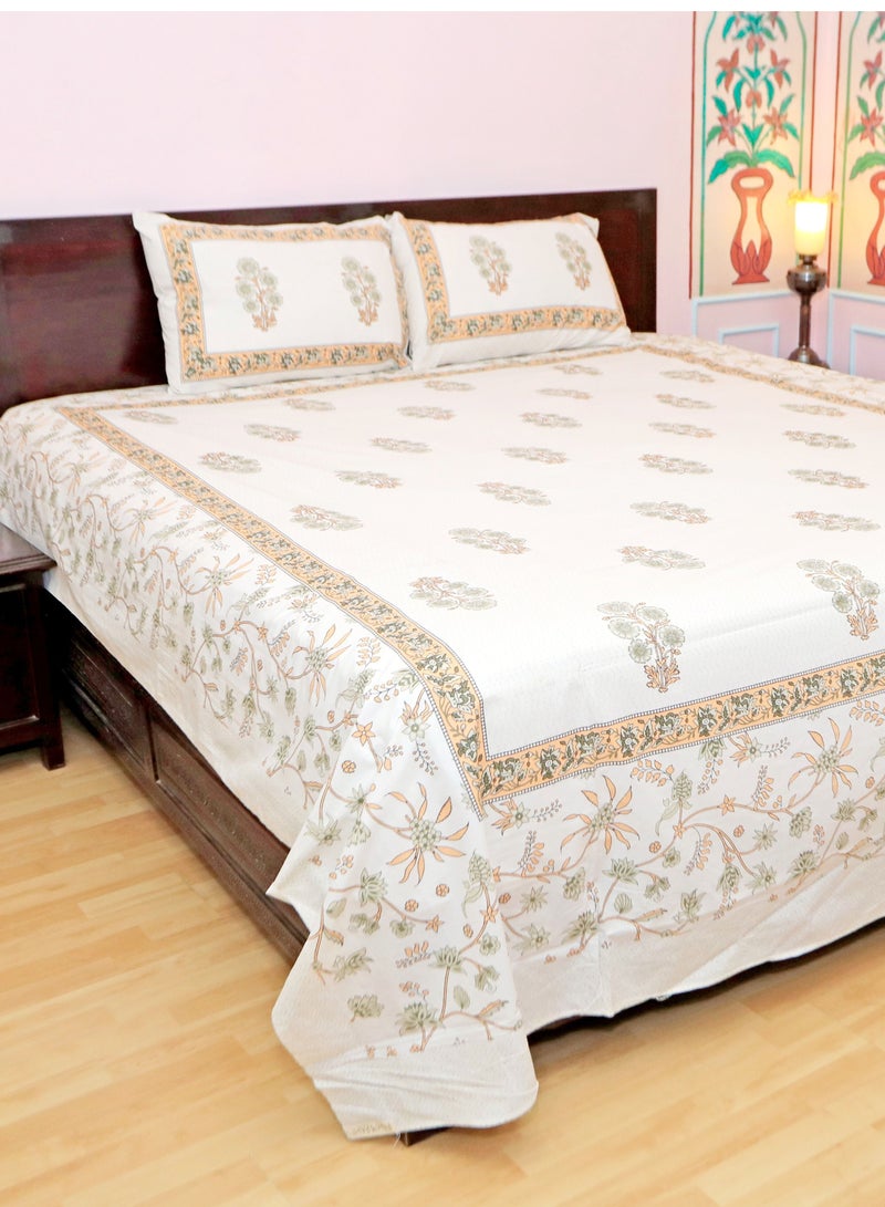 سكين PAHI Pure Cotton Hand Block Bedsheet, King size, FLORAL BEDSHEET, 228/278 CMS, HAND BLOCK PRINTED, JAIPURI - Image 1