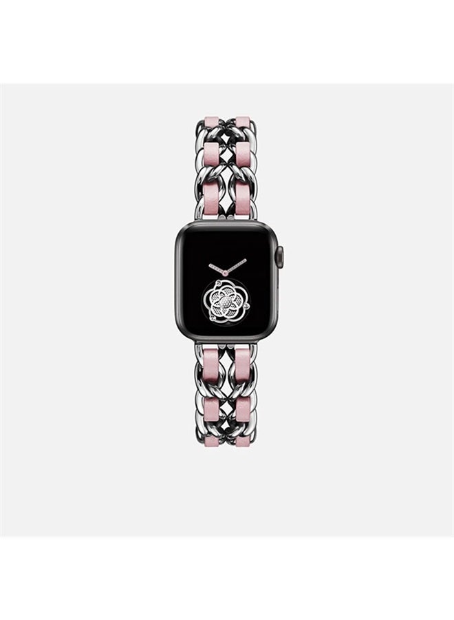 Gah compatible for Apple Watch Band 38mm 40mm 41mm Series 8 7 6 5 4 3 2 1 SE Bracelet for iWatch Band Metal Denim Chain Leather Strap,Women Watch Band, Braided Stainless Steel Cowboy Wristband - Image 1