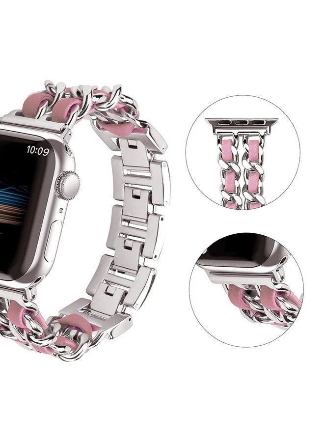 Gah compatible for Apple Watch Band 38mm 40mm 41mm Series 8 7 6 5 4 3 2 1 SE Bracelet for iWatch Band Metal Denim Chain Leather Strap,Women Watch Band, Braided Stainless Steel Cowboy Wristband - Image 3