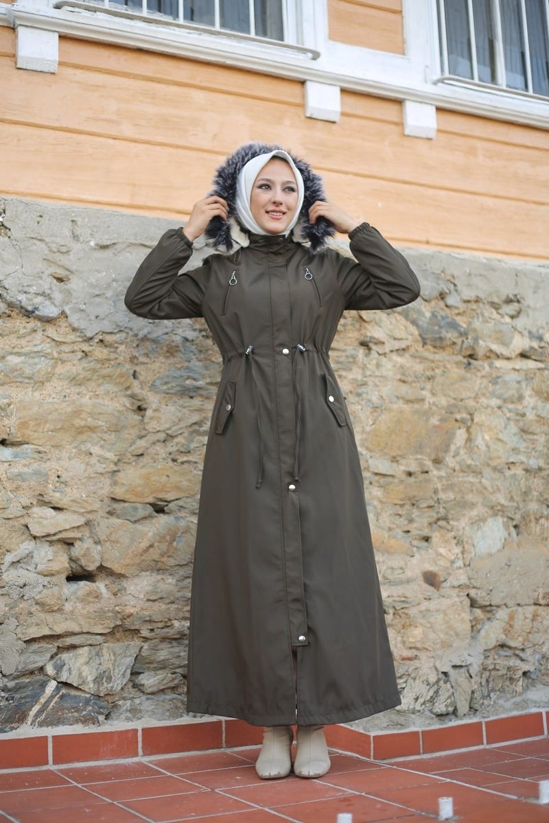 Vibeys Collection Khaki Fur Lined and Waterproof Full Length Women's Winter Coat - Image 2