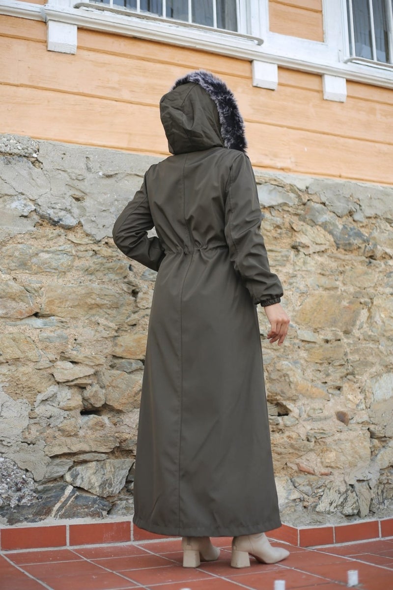 Vibeys Collection Khaki Fur Lined and Waterproof Full Length Women's Winter Coat - Image 5