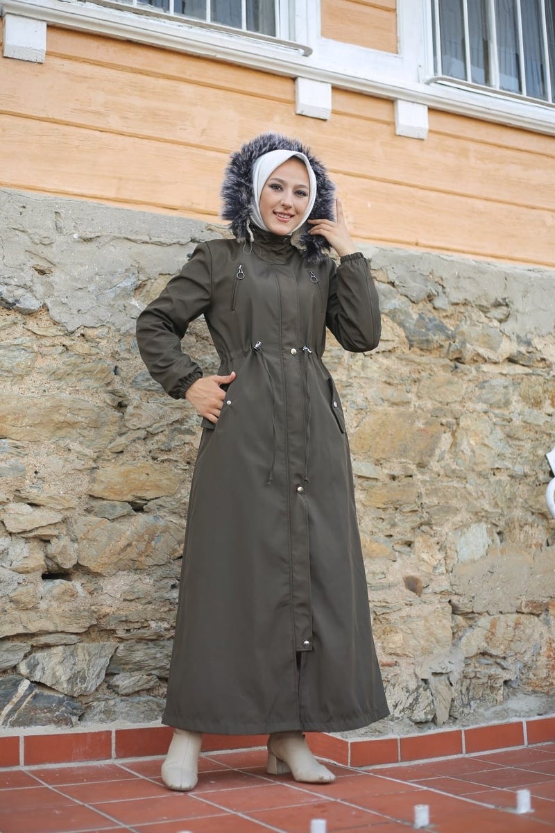 Vibeys Collection Khaki Fur Lined and Waterproof Full Length Women's Winter Coat - Image 1