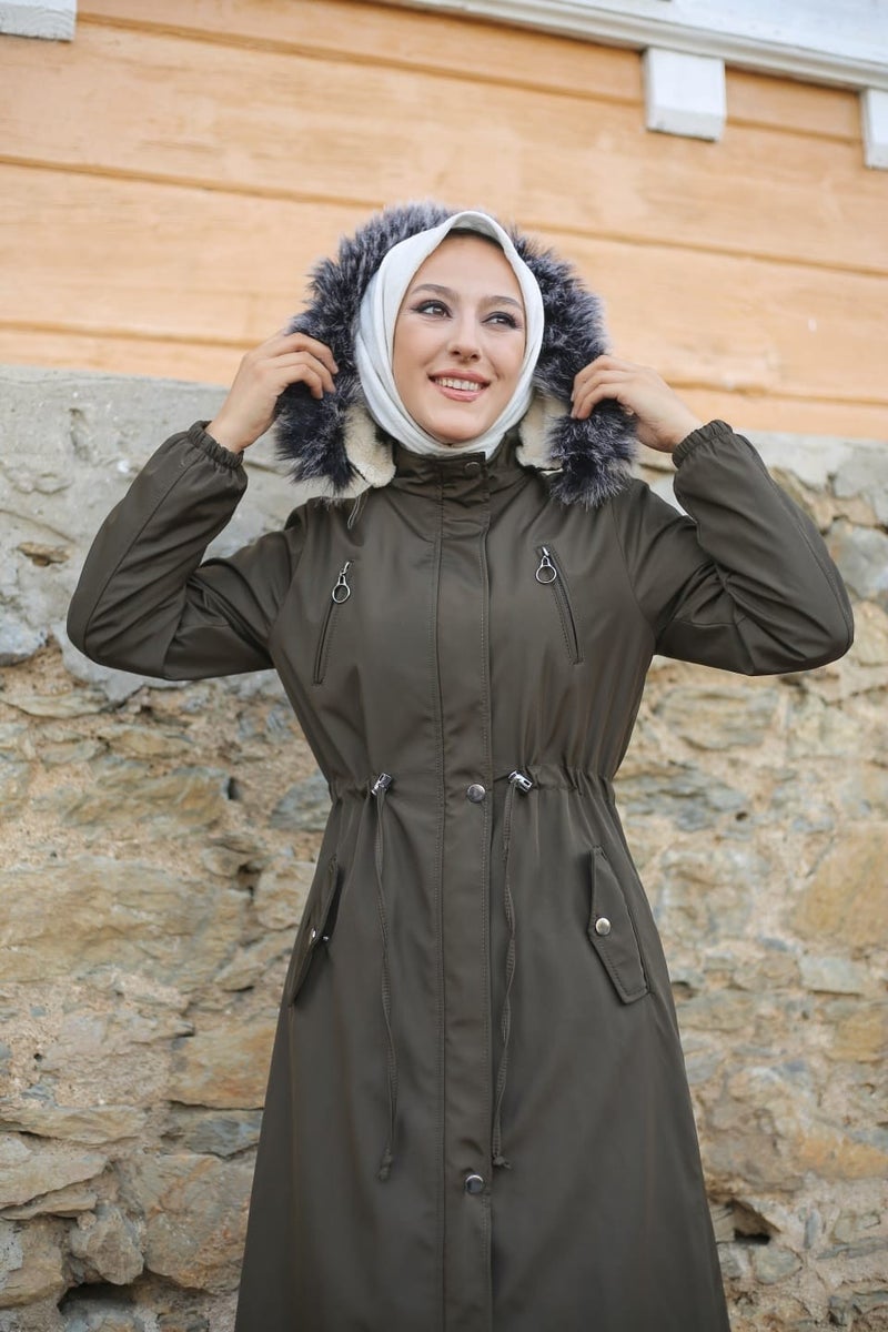 Vibeys Collection Khaki Fur Lined and Waterproof Full Length Women's Winter Coat - Image 4