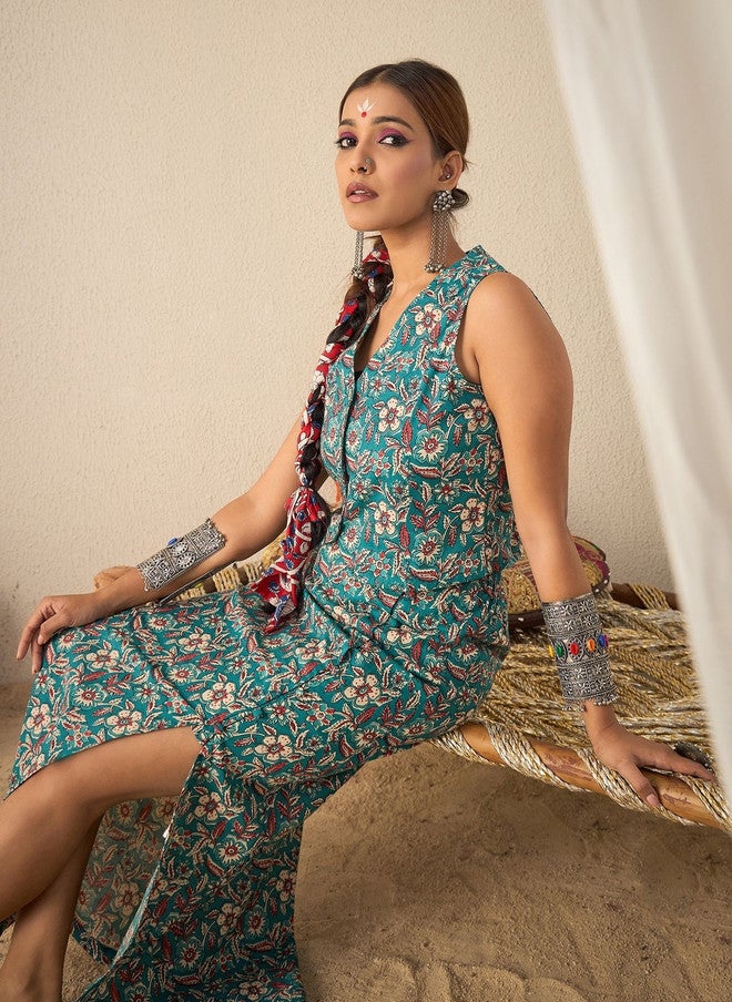 WineRed Blue Printed V Neck Waistcoat & Skirt Co-Ords - Image 3