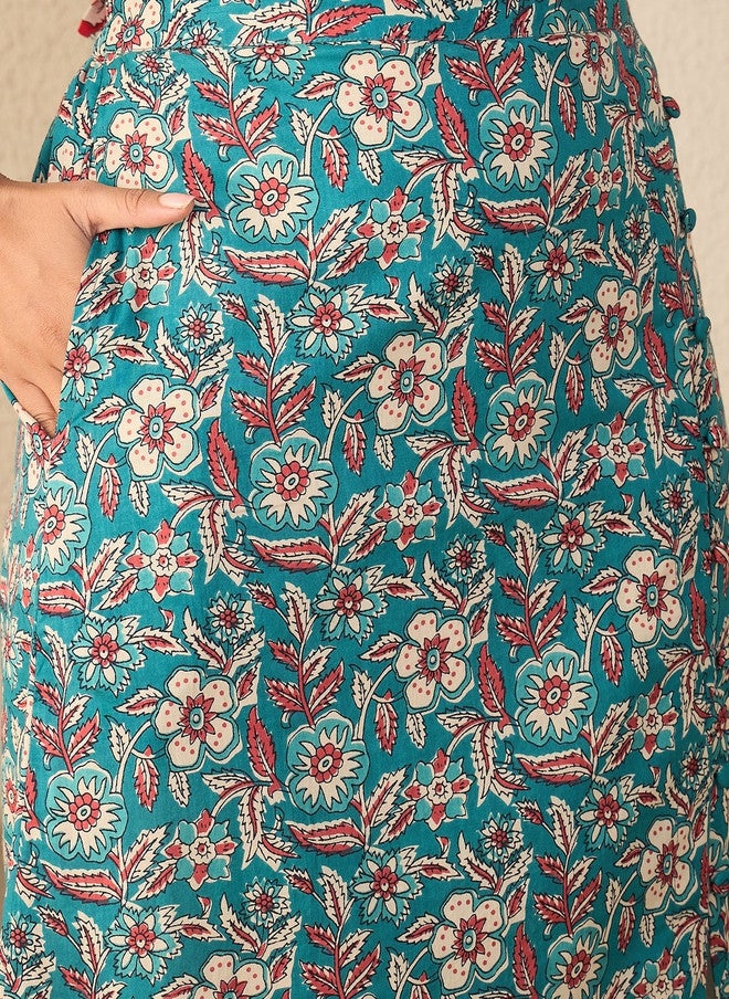 WineRed Blue Printed V Neck Waistcoat & Skirt Co-Ords - Image 5