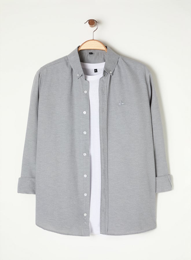 trendyol Grey Regular Embroidered Easy Ironable Smart Oxford Shirt - Image 1