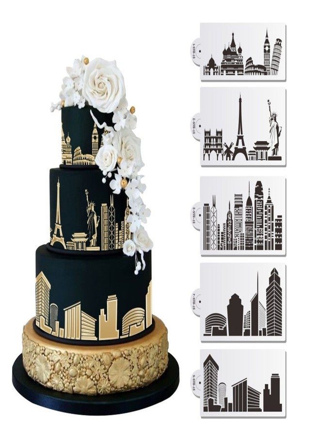 AK ART KITCHENWARE قوالب تزيين الكيك البلاستيكية من AK ART KITCHENWARE، بتصميم مبنى تاريخي، مناسبة لتزيين الكيك بعجينة السكر، لون أبيض، 5 قطع، 8.5 بوصة × 5 بوصة، ST-865 - Image 1