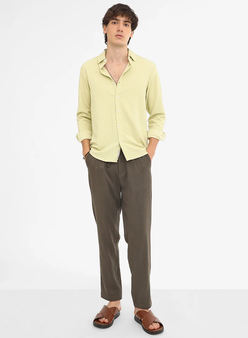 Campus Sutra Men's Lime Green  Stripe-Creased Shirt