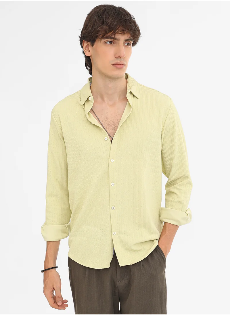 كامبوس سوترا Men's Lime Green  Stripe-Creased Shirt