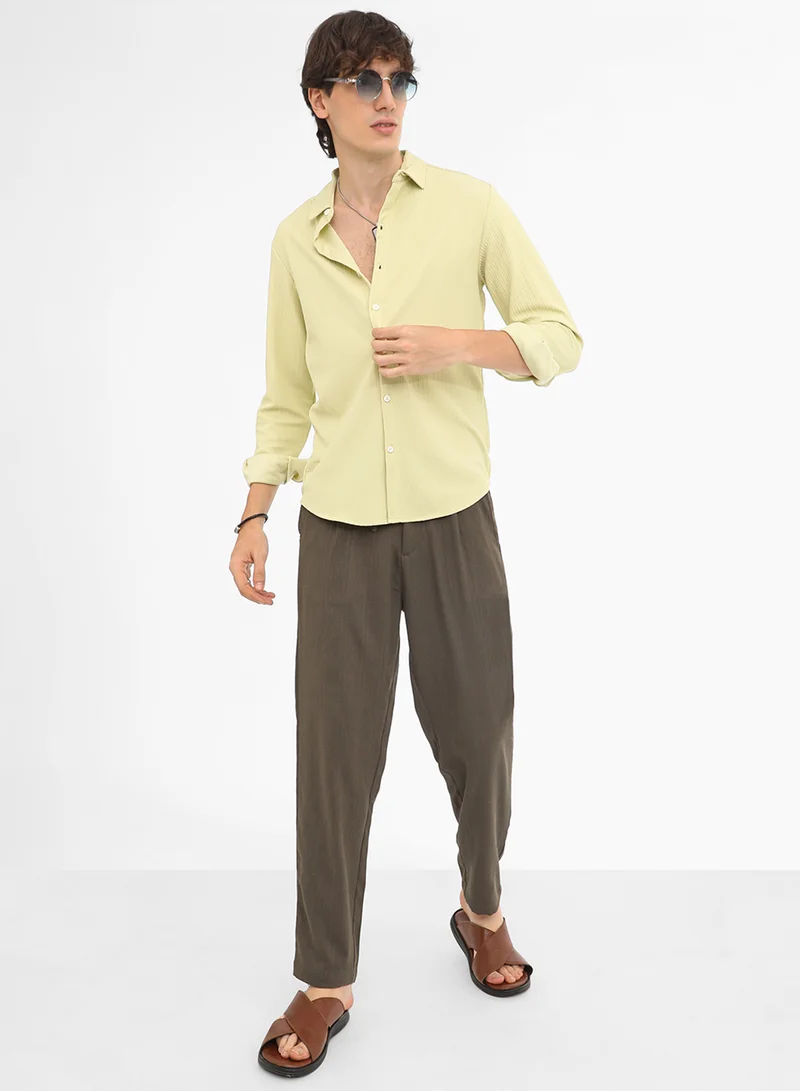 Campus Sutra Men's Lime Green  Stripe-Creased Shirt