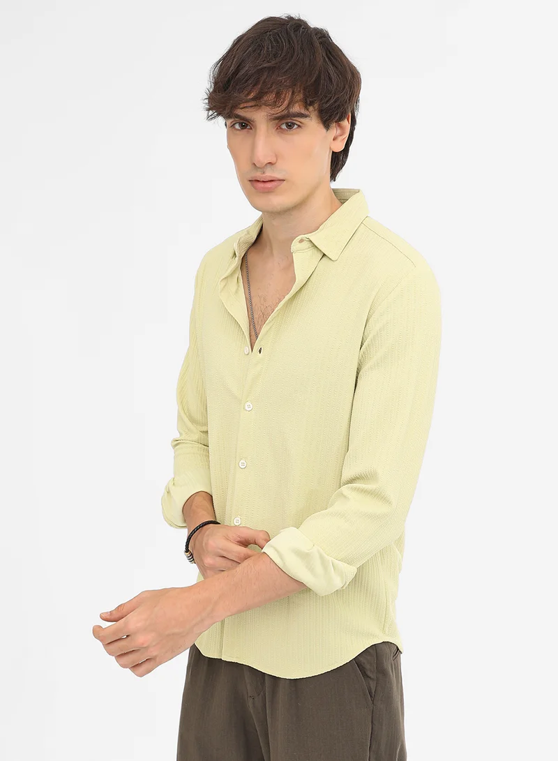 Campus Sutra Men's Lime Green  Stripe-Creased Shirt