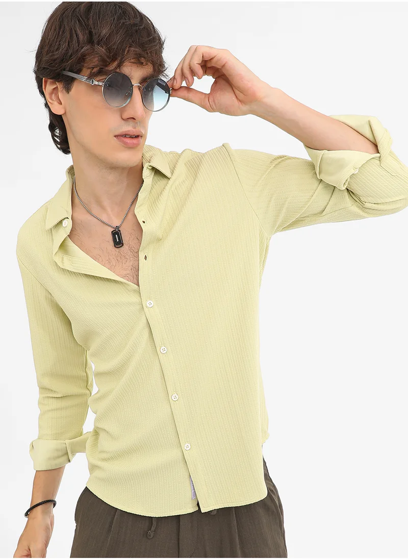 كامبوس سوترا Men's Lime Green  Stripe-Creased Shirt