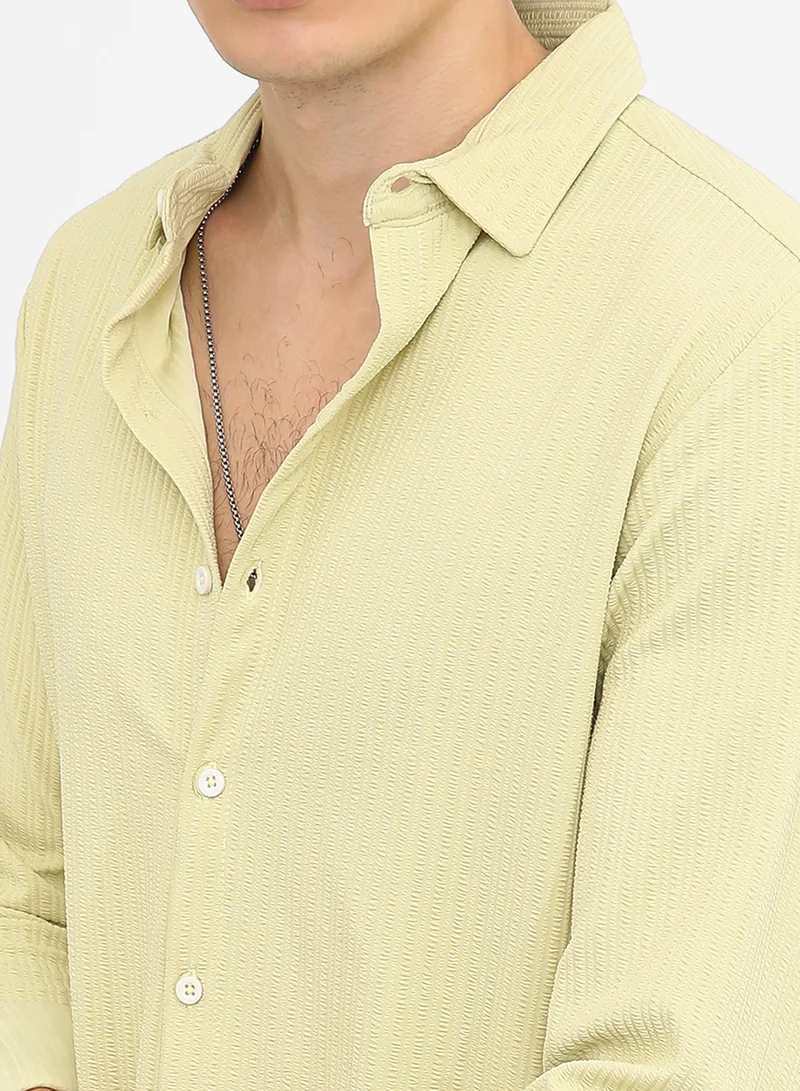 Campus Sutra Men's Lime Green  Stripe-Creased Shirt