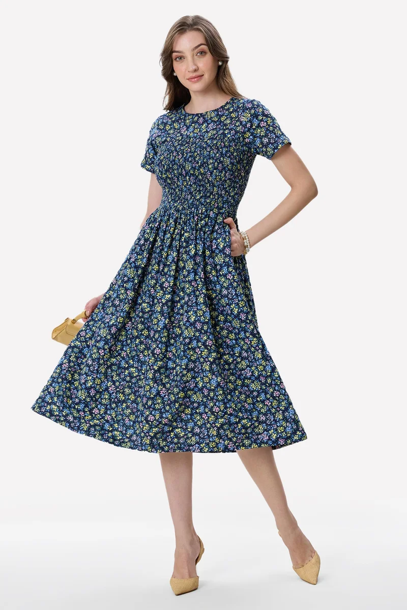 فيرجيو Floral Viscose Smocked Bodice Midi Dress for Women