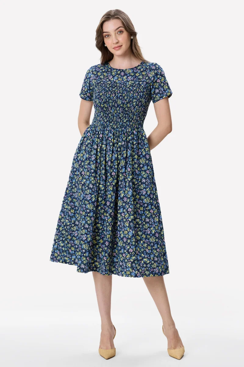 فيرجيو Floral Viscose Smocked Bodice Midi Dress for Women