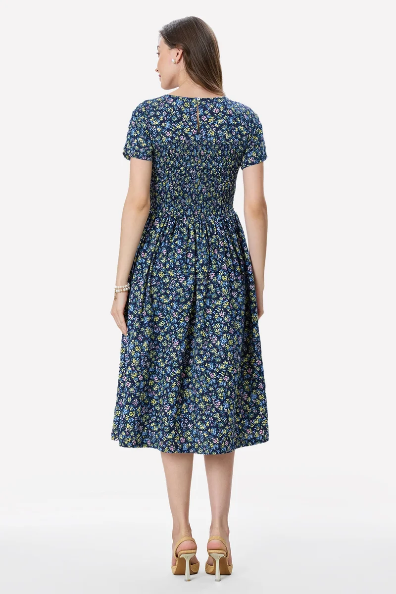 Virgio  Floral Viscose Smocked Bodice Midi Dress for Women for Women | Best Price UAE