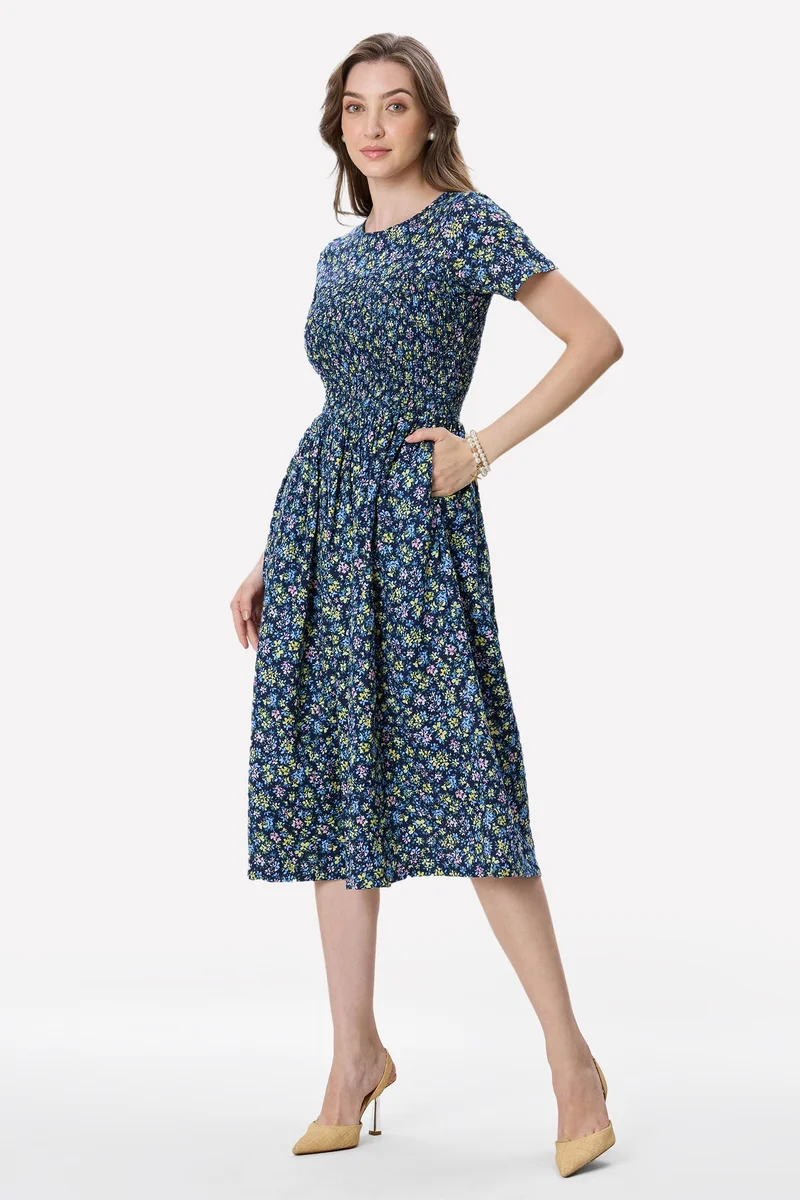 Virgio  Floral Viscose Smocked Bodice Midi Dress for Women for Women | Best Price UAE