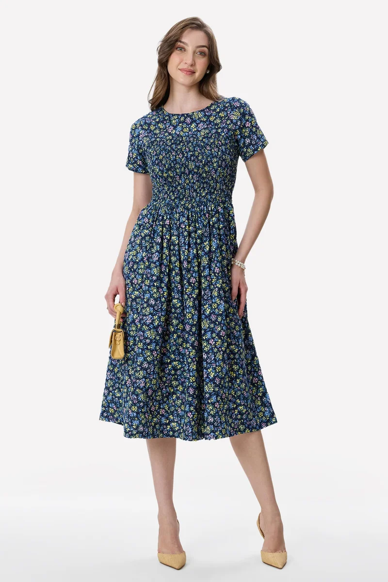 Virgio  Floral Viscose Smocked Bodice Midi Dress for Women for Women | Best Price UAE
