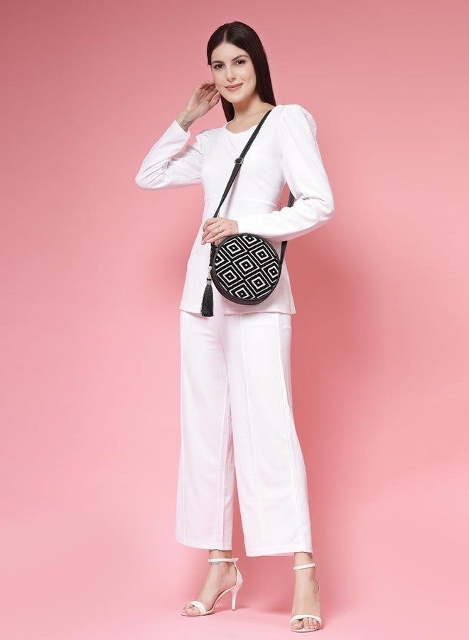 Anekaant Boho Black & Off White Diamond Cotton Jacquard Sling Bag - Image 2
