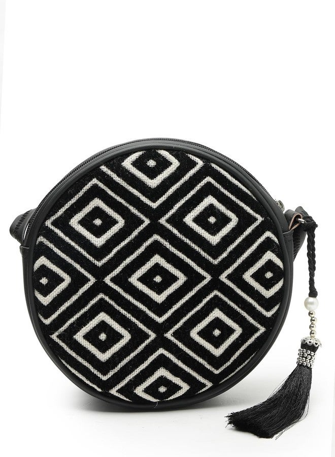 Anekaant Boho Black & Off White Diamond Cotton Jacquard Sling Bag - Image 4