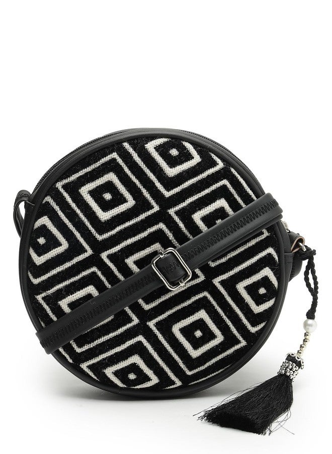 Anekaant Boho Black & Off White Diamond Cotton Jacquard Sling Bag - Image 1