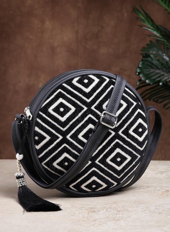 Anekaant Boho Black & Off White Diamond Cotton Jacquard Sling Bag - Image 3