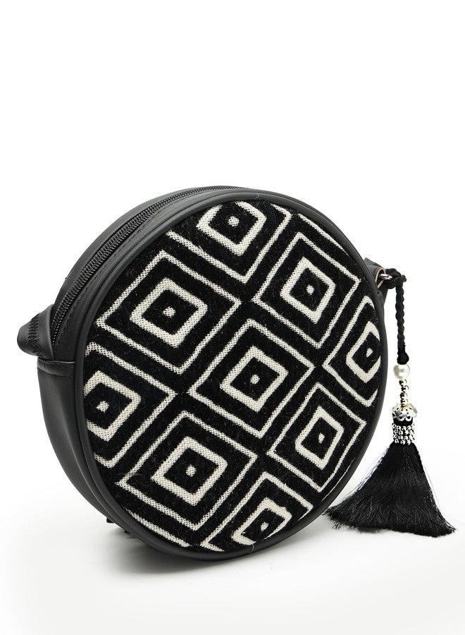 Anekaant Boho Black & Off White Diamond Cotton Jacquard Sling Bag - Image 5
