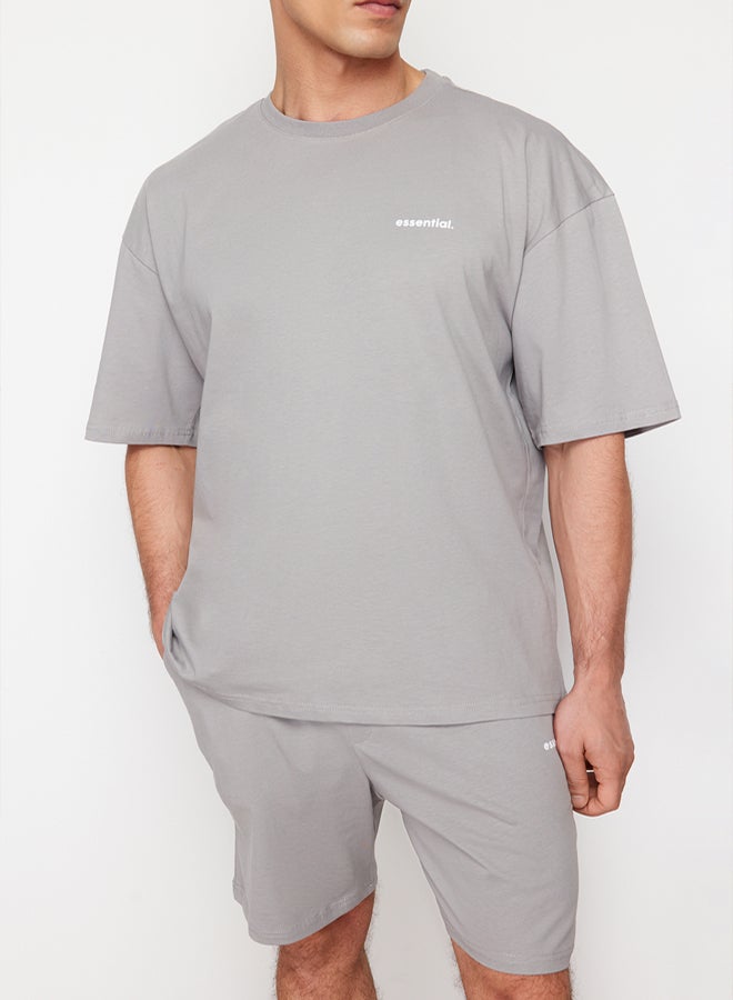 trendyol Gray Tracksuit Set Oversize Text Printed 100% Cotton TMNSS24EM00003 - Image 4