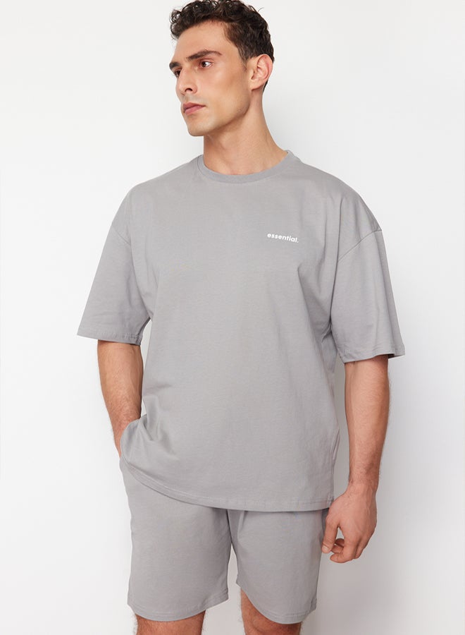 trendyol Gray Tracksuit Set Oversize Text Printed 100% Cotton TMNSS24EM00003 - Image 3