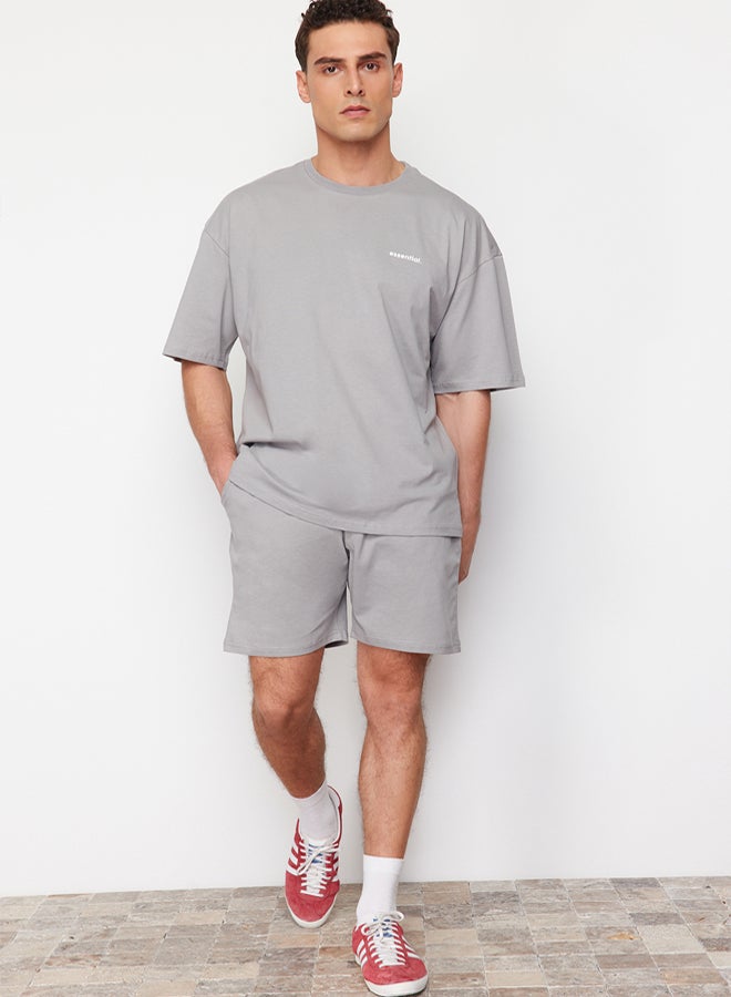 trendyol Gray Tracksuit Set Oversize Text Printed 100% Cotton TMNSS24EM00003 - Image 1