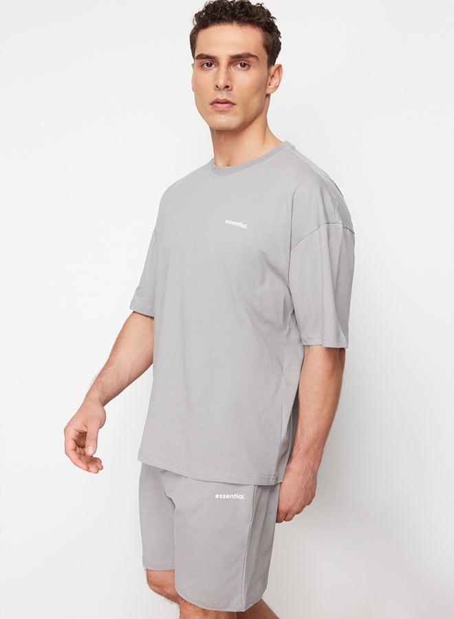 trendyol Gray Tracksuit Set Oversize Text Printed 100% Cotton TMNSS24EM00003 - Image 2