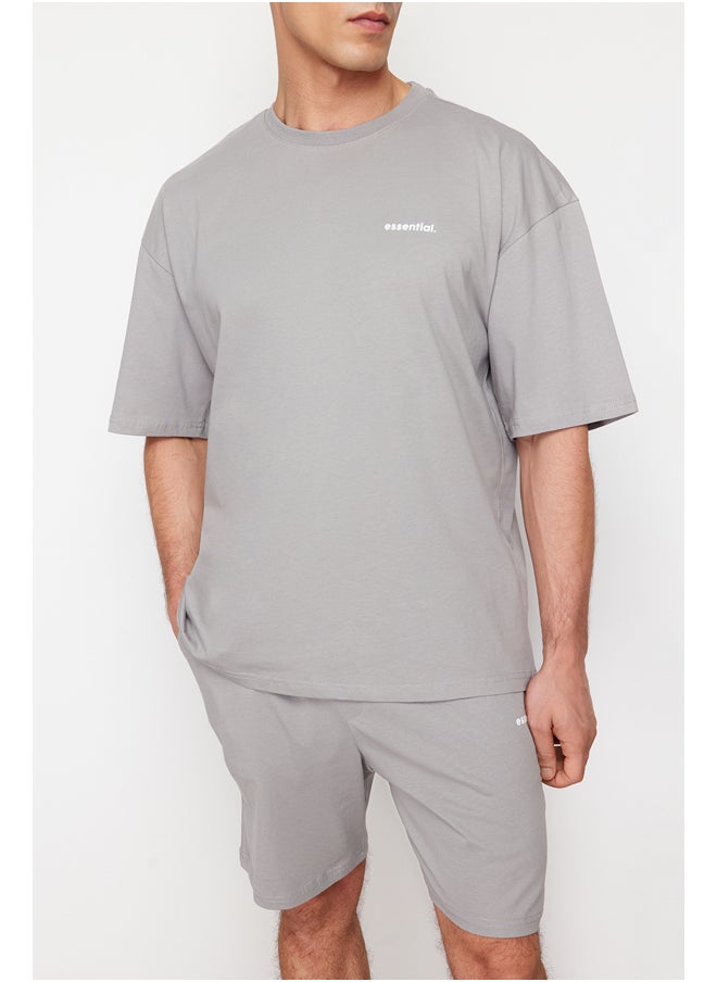 trendyol - Gray Tracksuit Set Oversize Text Printed 100% Cotton TMNSS24EM00003 - Image 1