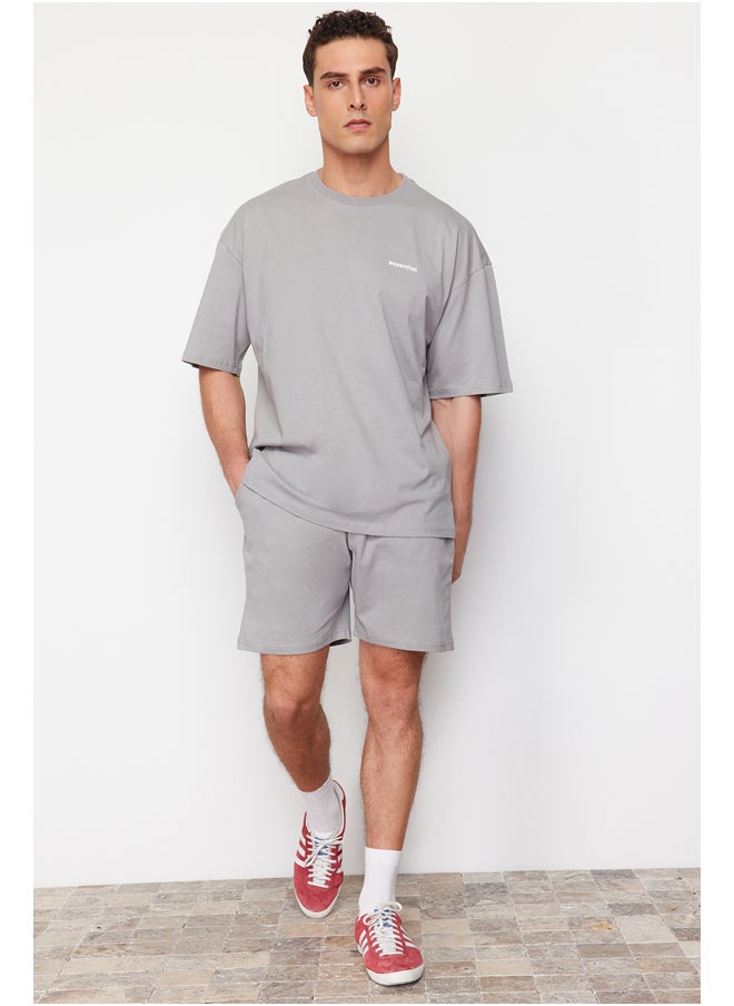trendyol - Gray Tracksuit Set Oversize Text Printed 100% Cotton TMNSS24EM00003 - Image 1