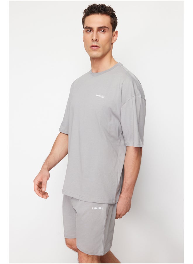 trendyol - Gray Tracksuit Set Oversize Text Printed 100% Cotton TMNSS24EM00003 - Image 1