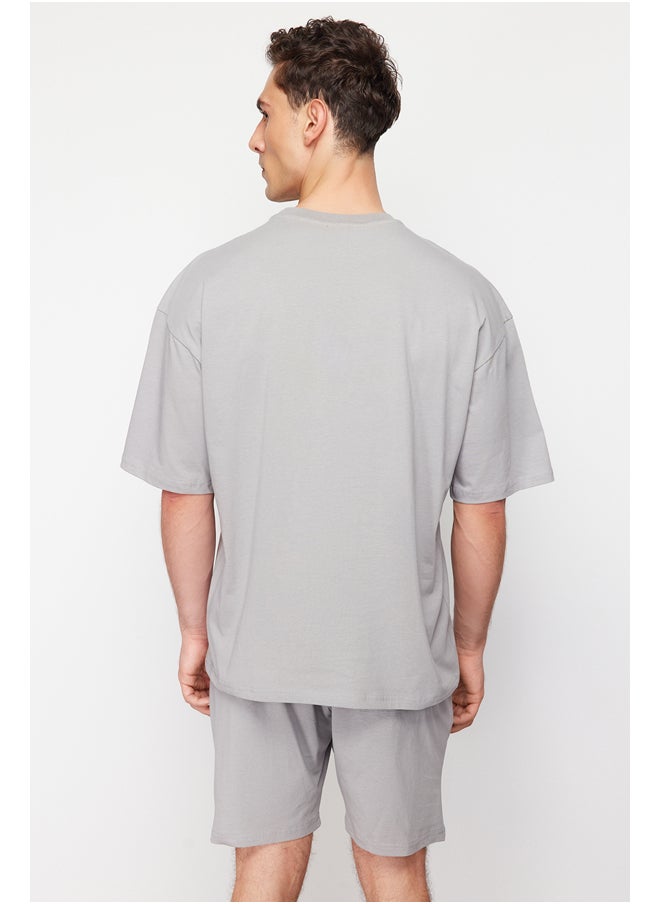 trendyol - Gray Tracksuit Set Oversize Text Printed 100% Cotton TMNSS24EM00003 - Image 1