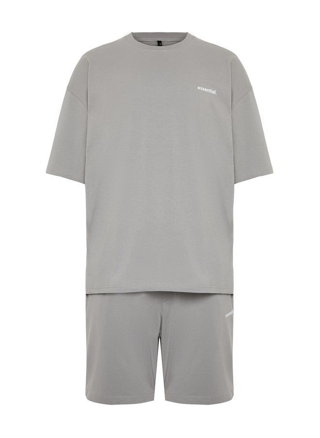trendyol - Gray Tracksuit Set Oversize Text Printed 100% Cotton TMNSS24EM00003 - Image 1