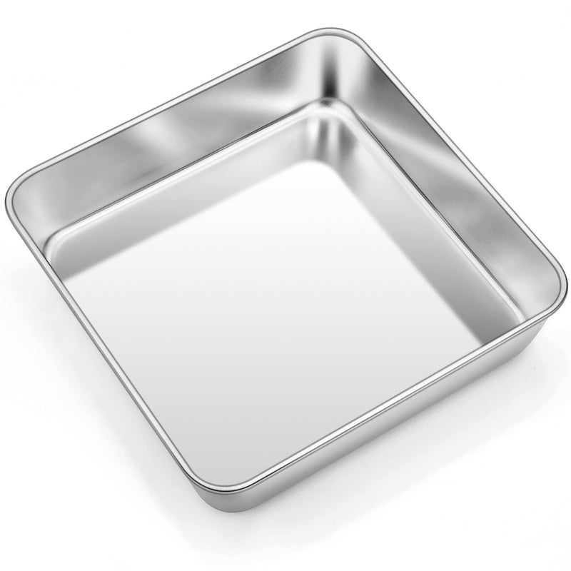 TeamFar 8 Inch Square Baking Pan Square Cake Brownie Pan Stainless Steel for Wedding Christmas Party Healthy  Non Toxic Sturdy  Brushed Surface Dishwasher Safe
