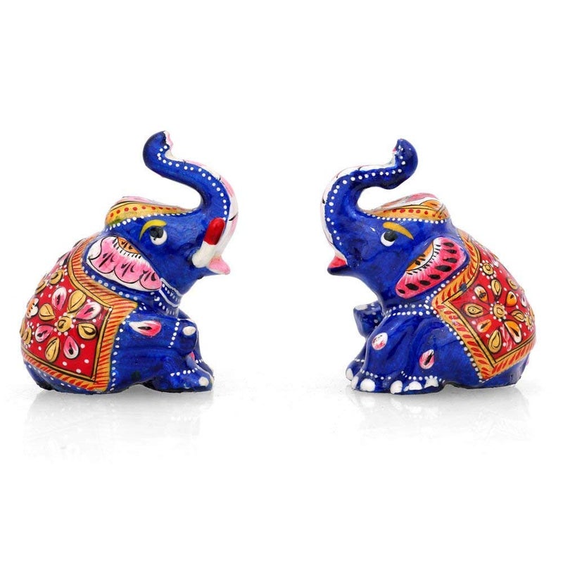 Collectible India Collectible India Lucky Elephant Pair Figurines Trunk up, Metal Painted Meenakari Handpainted Animal Decor Statue - Image 2