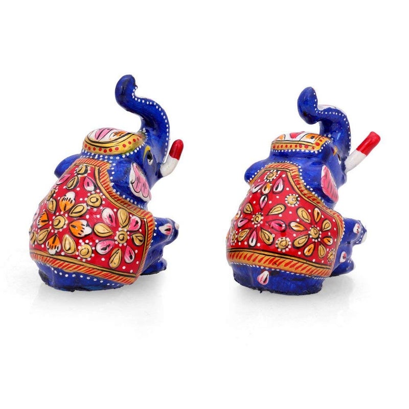 Collectible India Collectible India Lucky Elephant Pair Figurines Trunk up, Metal Painted Meenakari Handpainted Animal Decor Statue - Image 4