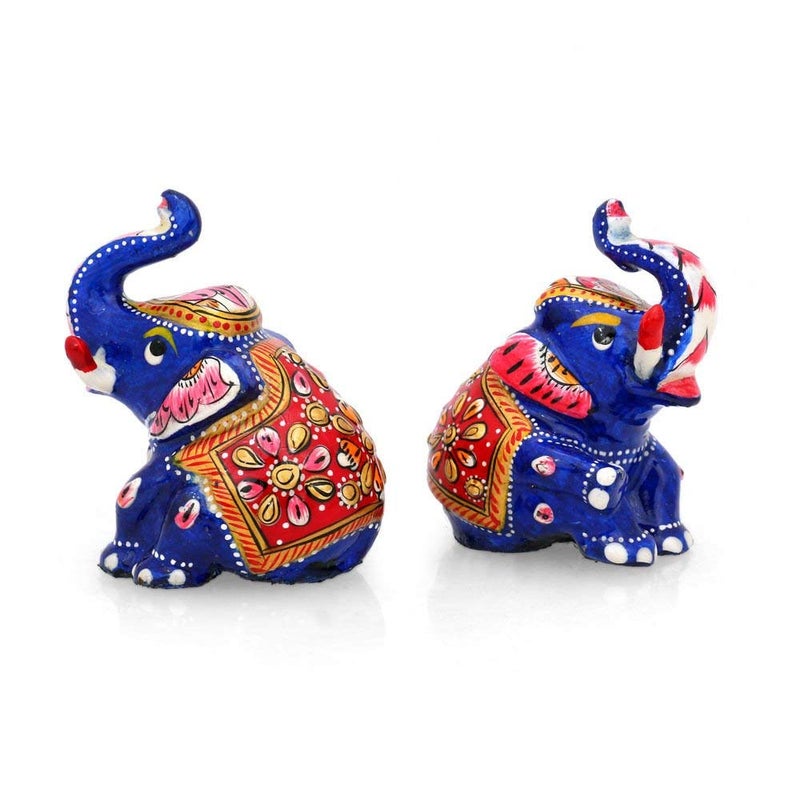 Collectible India Collectible India Lucky Elephant Pair Figurines Trunk up, Metal Painted Meenakari Handpainted Animal Decor Statue - Image 3