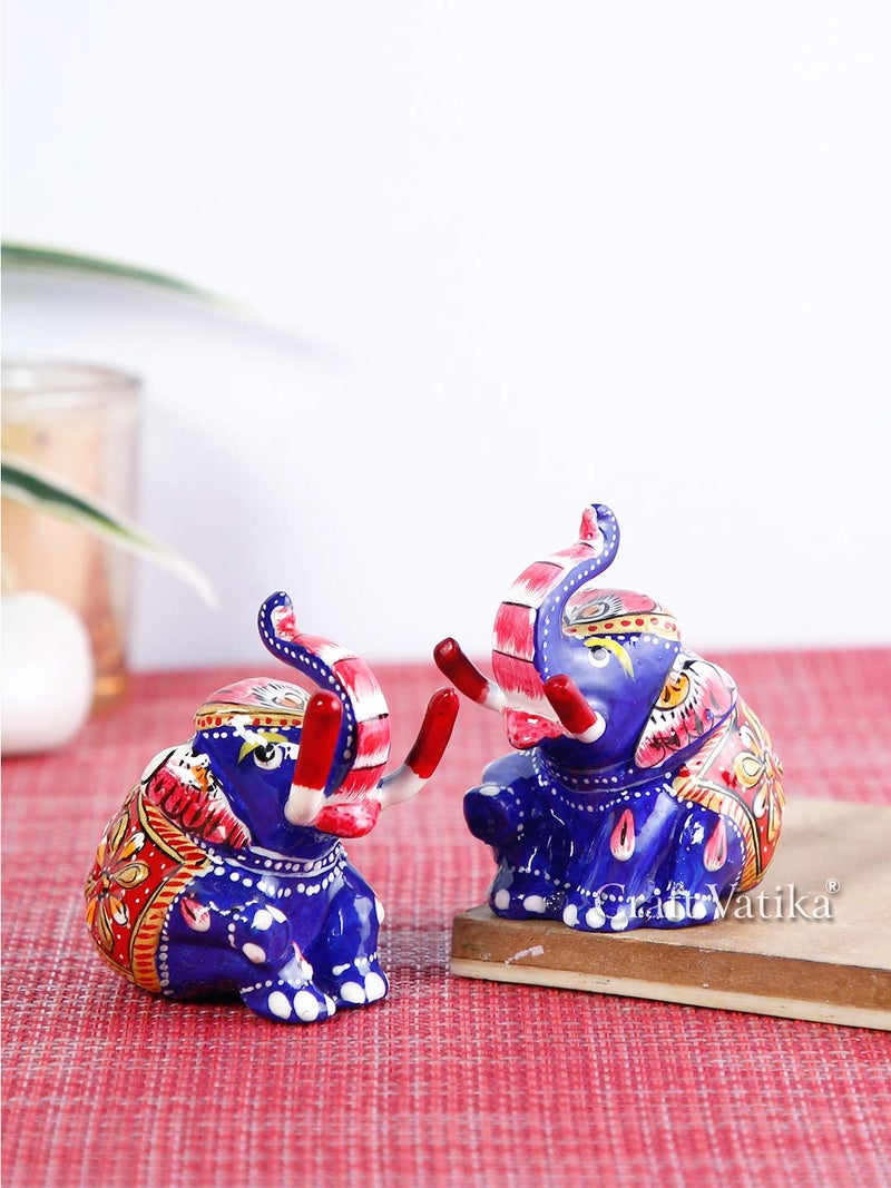 Collectible India Collectible India Lucky Elephant Pair Figurines Trunk up, Metal Painted Meenakari Handpainted Animal Decor Statue - Image 1